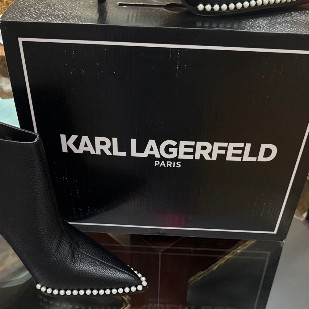 Karl Lagerfeld Black Heeled Boots with Pearl Trim - Picture 9 of 10